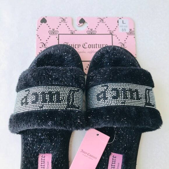 Juicy Couture JC GRAVITY 2 Faux Fur Slippers Black / Silver Size : L - Picture 4 of 5